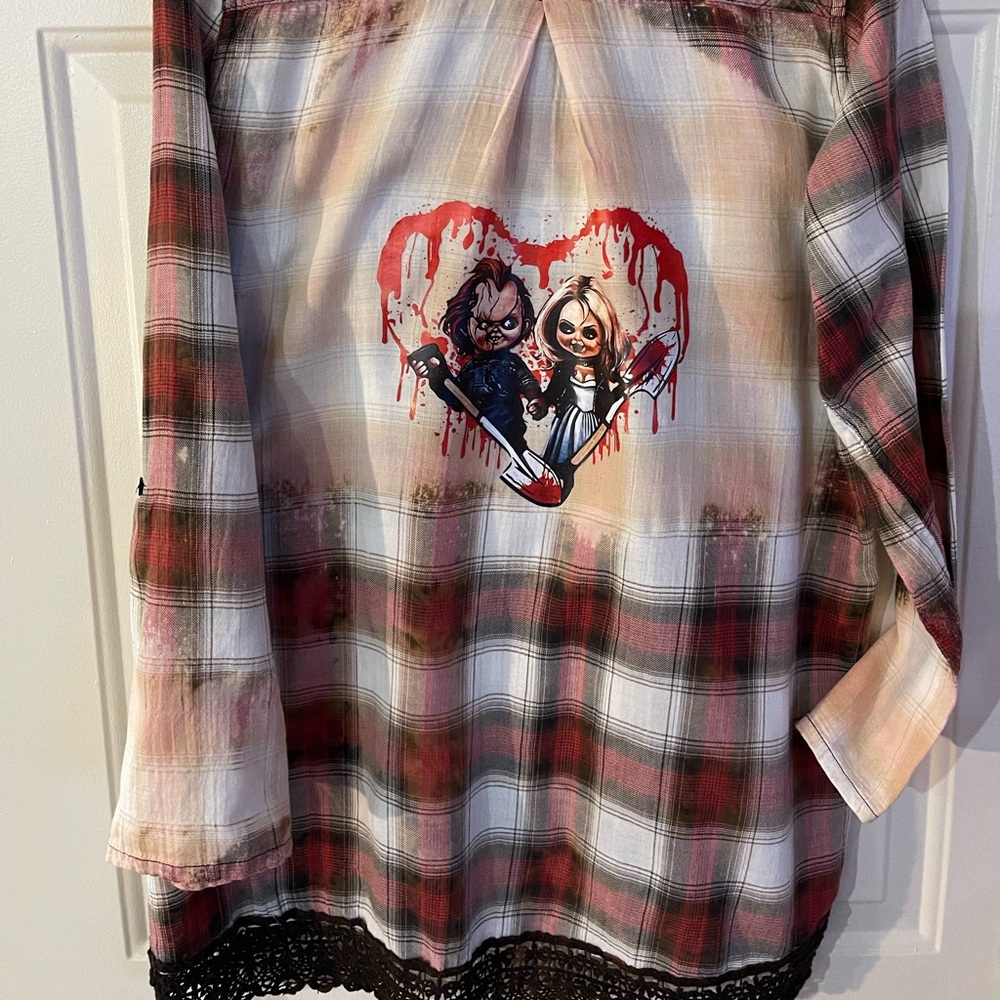 Upcycled plaid shirt with Halloween decal